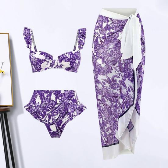 3 шт./компл. женское бикини с пляжной юбкой-прикрытием в богемном стиле, бюстгальтер-бандо с рюшами и рукавами, высокая талия