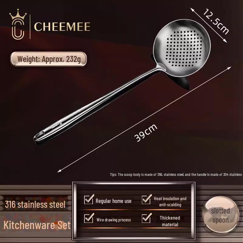316 Stainless Steel Chef's Cooking Utensil Set: Frying Spoon, Long-Handle Soup Spoon, Shovel, and Spatula