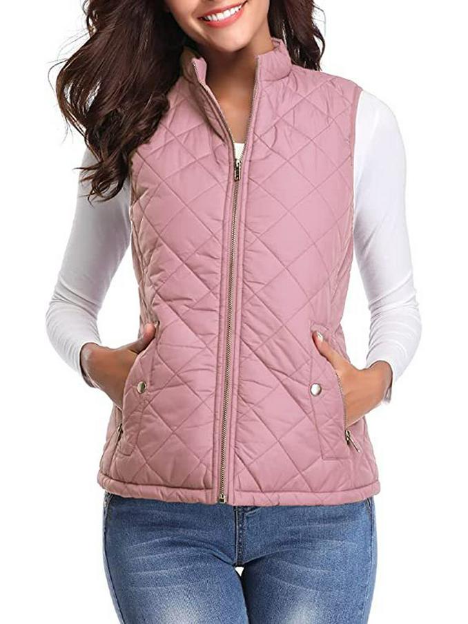 2022 Women's Fashion Quilted Cotton Vest with Zipper Pockets and Stand-Up Collar