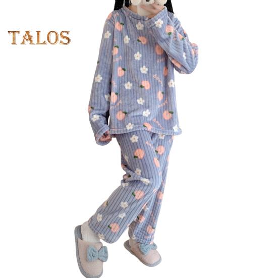 2 шт./комплект Женская зимняя пижама с круглым вырезом и рисунком медведя и персика, длинный рукав, коралловый флис, домашняя одежда, топ и штаны, комплект, свободная домашняя одежда для женщин