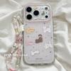 Милый Мультяшный Кот Чехол для Телефона с Ремешком на Запястье iPhone 17 Pro Max 16 15 14 13 12 Полное Покрытие Ударопрочный Силиконовый Чехол