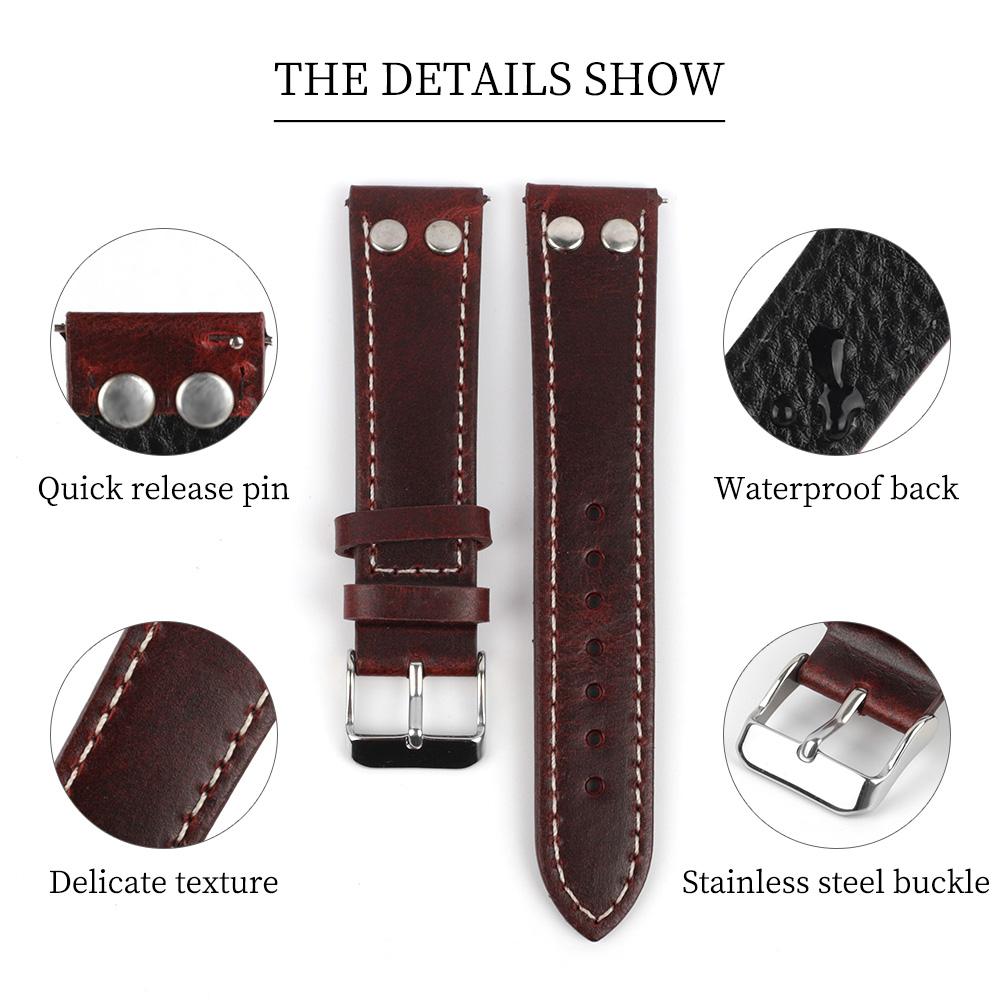 Oil Wax Genuine Leather Watch Strap 18mm-24mm Retro Rivets Bracelet Wristband Replacement Quick Release Watch Strap for Men