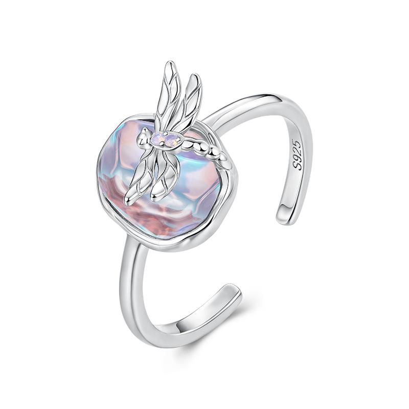 WOSTU 925 Sterling Silver Monet Dragonfly Open Ring For Women Rainbow Crystal Adjustable Rings Boho Jewelry For Everyday Wear