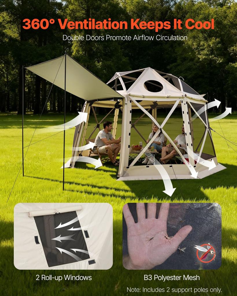 Pop up Gazebo Screen Tent, 3.6x3.6 m, 13-Sided Spherical Camping Canopy Tent with Removable Top & Carry Bag, Quick-Set & Bite-Proof, Screen House Sun