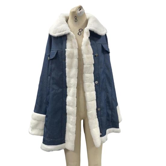 Зимняя женская джинсовая куртка с отделкой из искусственного меха, длинные рукава, цветные карманы