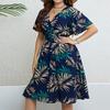 Women's Fashionable Print Round Neck Loose Short Sleeved Pocket Pullover Dress