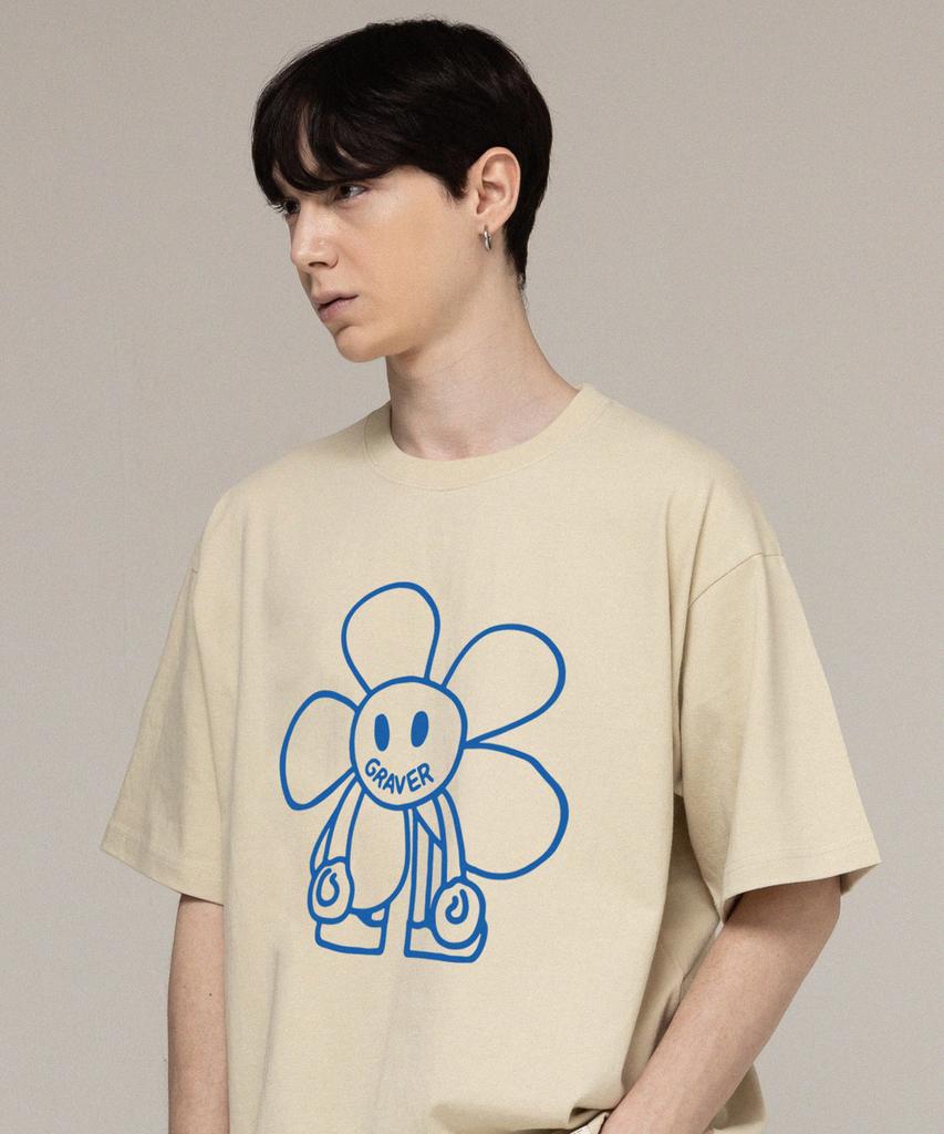 GRAVER [Unisex] Comics Line Flower Drawing Short Sleeve T-Shirt_Sand Beige