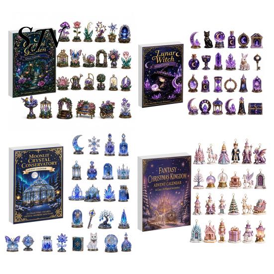 Holiday Gift for Magic Lovers Fantasy Advent Calendar Box with 24 Mini Acrylic 2D Ornaments, Christmas Countdown Kids Desktop Micro Landscape