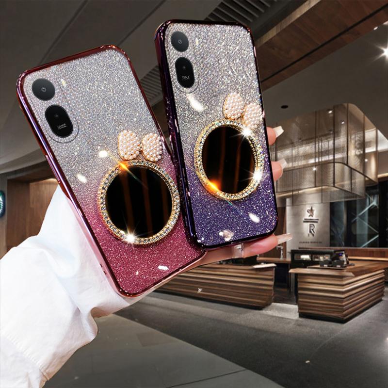 For Redmi A7 Pro Case with Bow Makeup Mirror Luxury Shiny Gradient Clear Plating Glitter Girls Slim for Redmi A7 Pro Back Cover