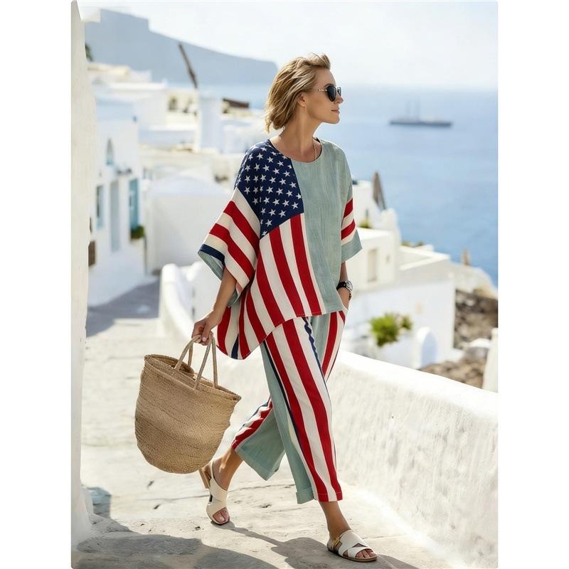 1116 Bohemian retro printing loose two-piece set European and American women's seaside outing casual wide-leg pants set