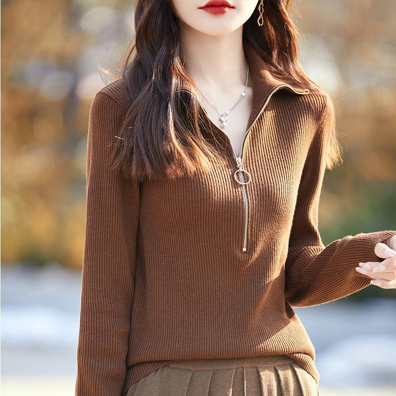 Spring New Worsted Wool Turtleneck Knitted Sweater Semi-zipper Solid Color Pit Strip Pullover Bottoming Shirt Top