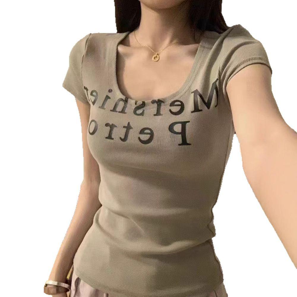 Футболка с коротким рукавом и U-образным вырезом в стиле American Retro Hot Girl Letter Print - 2025 Лето Стиль Pure Desire