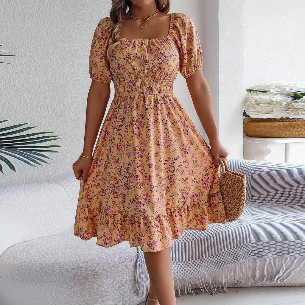 Women's Fashion Floral Print Square Neck Short Sleeve Waisted Ruffled A-Line Skirt