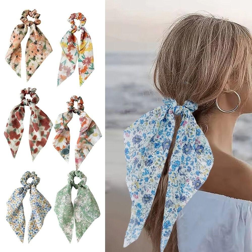 Fashion Hair Scrunchies Triangle Scarf Floral Tie Dye Chiffon Elastic Hair Bands Summer Beach