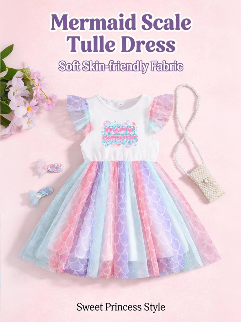 Comfort Princess Dress, Bubble Letter Print Mermaid Scale Tulle Skirt for Little Girls