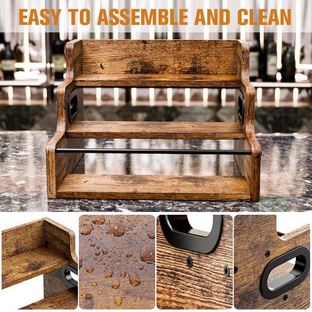 Деревянная полка-дисплей для бутылок ликера, 3-ступенчатая стойка-органайзер для кофейного сиропа, большой вместимости, органайзер для кофейной станции для виски, спиртных напитков