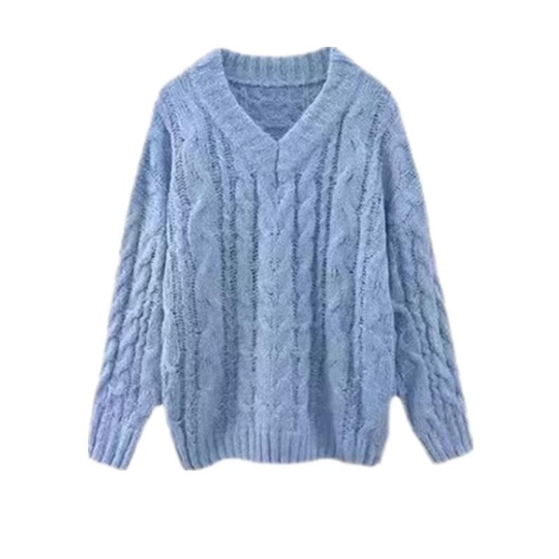 Blue twist design sweater women's autumn and winter lazy wind loose casual milk sweater thickened winter