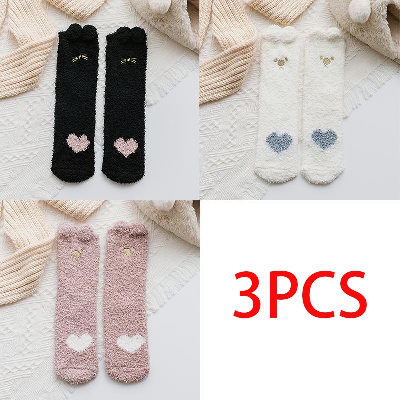 3/5 Pairs Winter Women Warm Socks Fluffy Plush Sleep Soft Cozy Girls Cute Cartoon Floor Socks