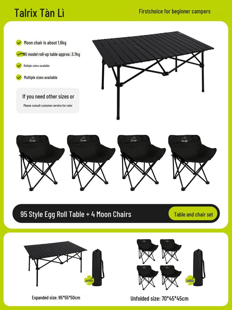 Tanli Portable Outdoor Folding Table & Chairs Set - Lightweight Roll-Up for Camping & Picnic