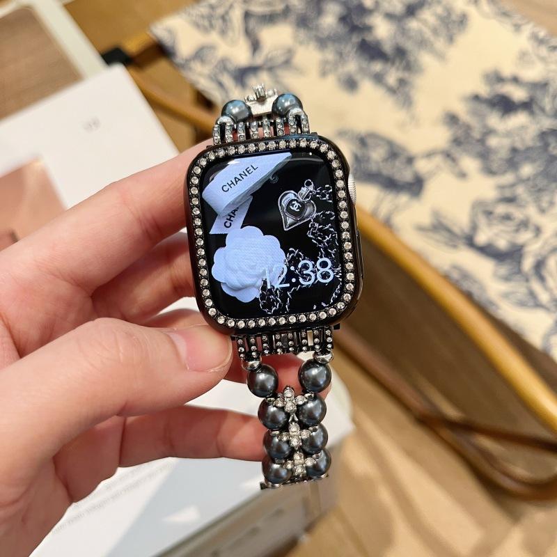 Luxury Metal Strap + Case For Apple Watch Series 9 8 7 6 5 SE 4 38/40/41/42/44/45mm Diamond Pearl Bracelet Band For iWatch UItra 2 49mm
