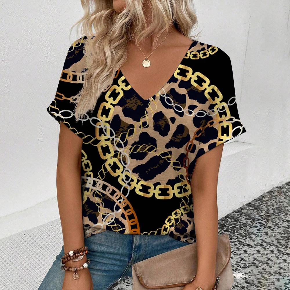 Женская футболка высокого качества с v-образным вырезом в стиле ретро, ​​футболка с золотым ожерельем и узором, модная футболка с принтом, женская футболка с короткими рукавами