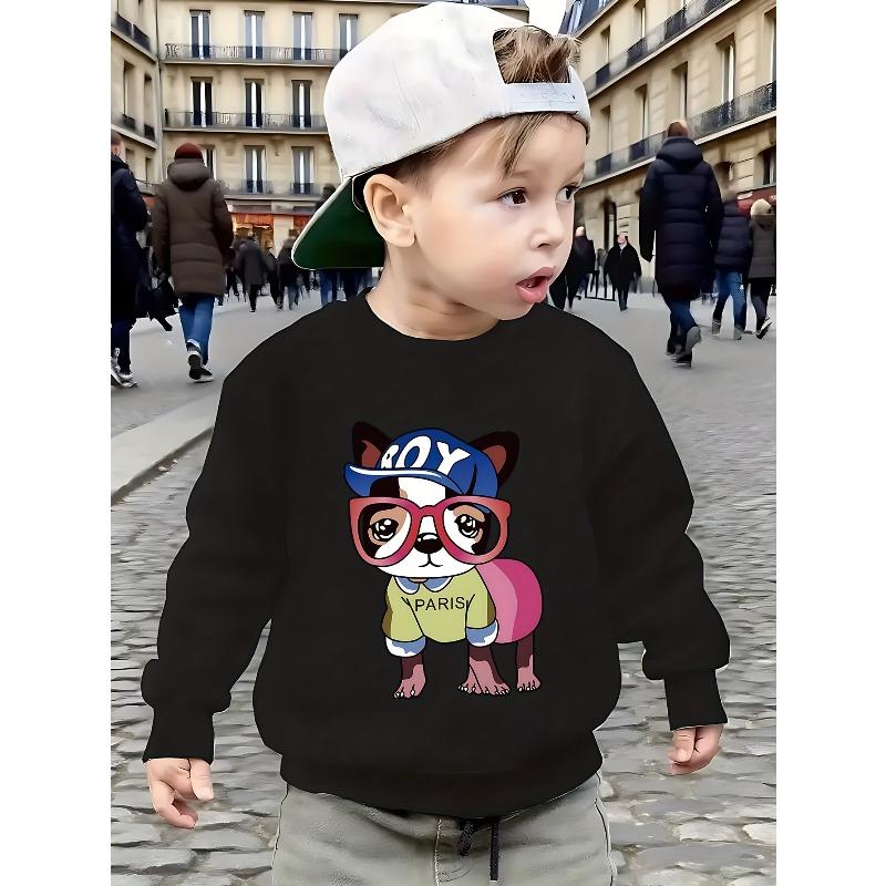 Kids Crewneck Long Sleeve Sweatshirt, Cute Cartoon Bulldog Puppy Print