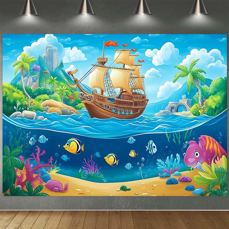 A pirate-themed party banner with a backgroundof a treasure map which is perfect for a birthdaycelebration with a maritime theme