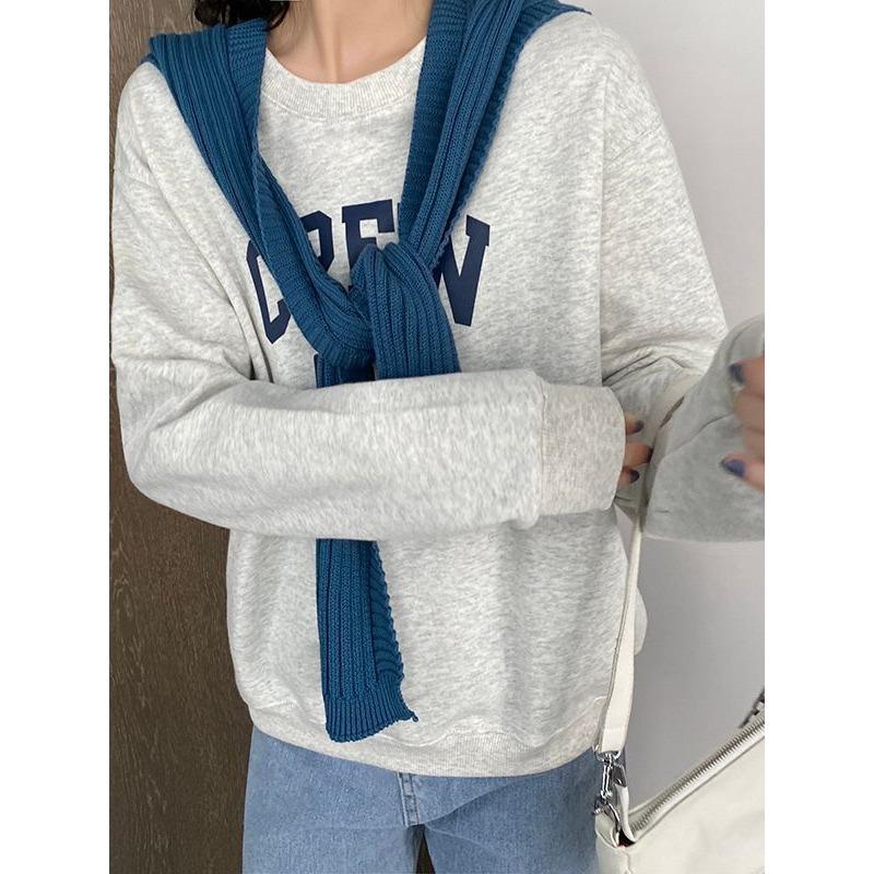 Женское серое худи с принтом букв, женский свободный тонкий пуловер с круглым вырезом и длинными рукавами, повседневный топ для студентки