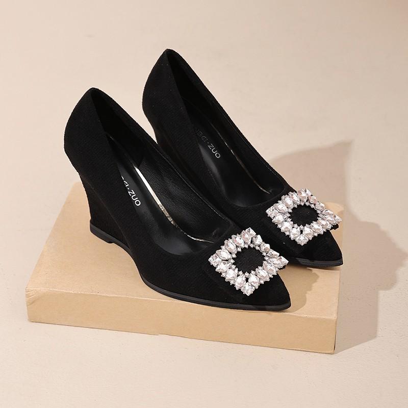 Fashion Shallow Wedge Single Fall New Pointed Toe Rhinestone Square Buckle Slip Foot Anti-Slide Heel Low Top Shoes