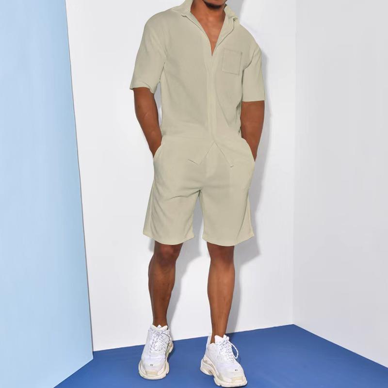Summer Men's Short-sleeved Shorts Suit Linen Thin Section Lapel Loose Solid Colour Men's Two-piece Suit
