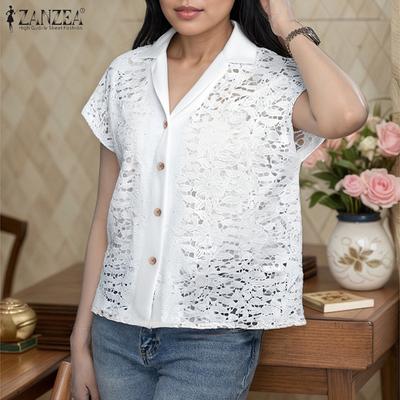 Женская летняя повседневная блузка с коротким рукавом и кружевом