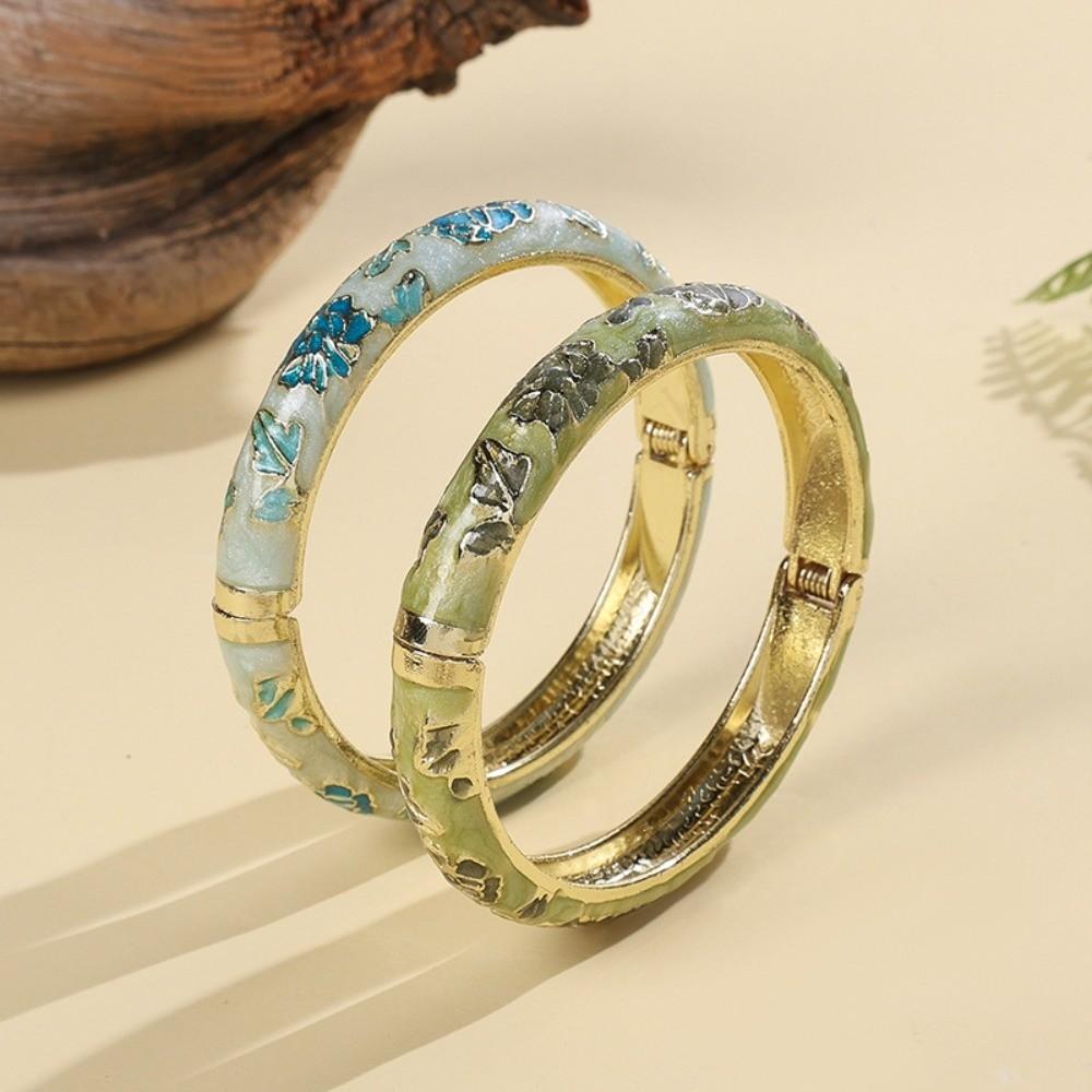 Enamel Floral Flower Leaf Bangle Colorful Women's Hand Bracelet Vintage Cloisonne Bangle Ladies