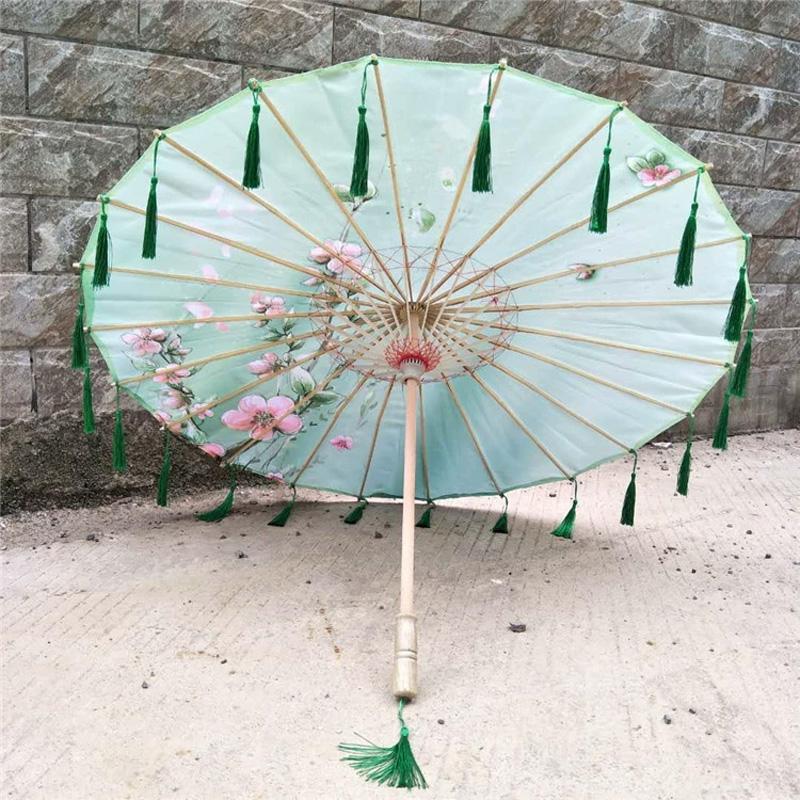 1PC with Tassel Classical Women's Umbrella for Hanfu Accessories Satin Cloth Photograph Props Fairy Ancient Parasol
