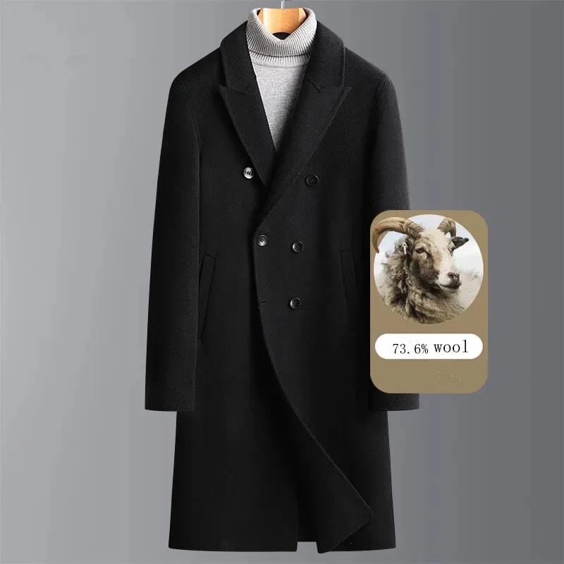 Men's Double-Sided Wool Trench, Black Woollen Outerwear, Long Overcoat, Double Breasted, Thick Black, Autumn, Winter