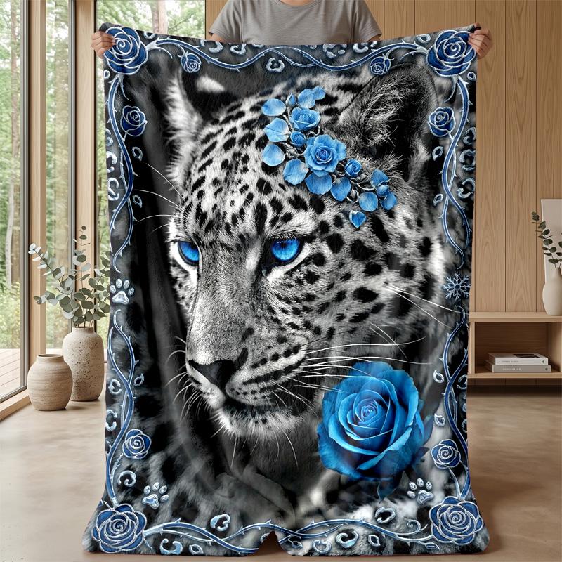 Blue Leopard and Roses blanket Personalized Name Flannel Blanket Soft Cozy Plush Throw for Sofa Bed Lightweight Home Decor