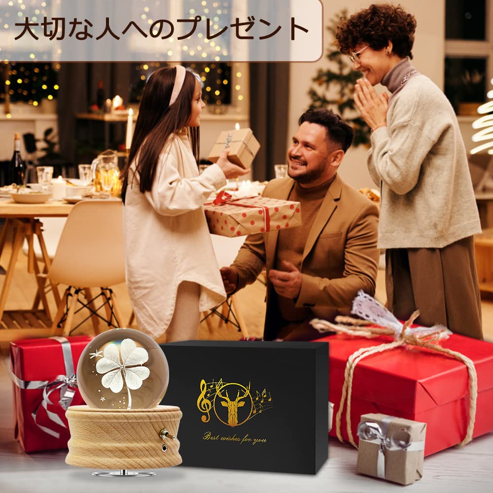 Mozalida Music Box Lucky Clover Crystal Ball Music Perfect for Snow or As a Moon Features Ambient Bedside LED USB Projection and a Stylish Handmade
