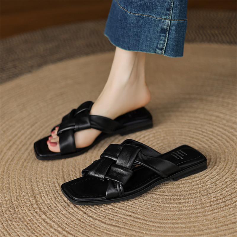 Fashion New Summer Slippers Genuine Leather Sandals Square Toe Shoes for Women Fashion Concise Low Heels Slippers Handmade Apricot