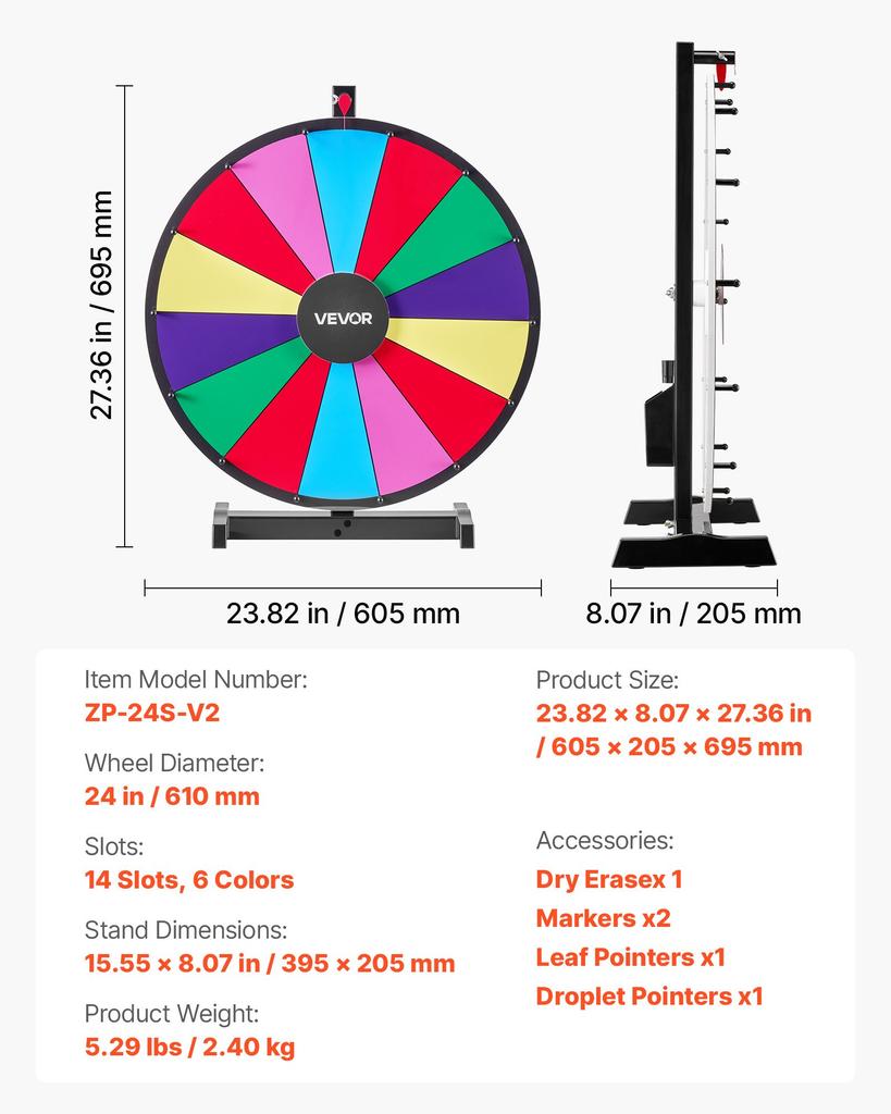VEVOR 610 mm Spinning Prize Wheel, 14 Slots Spinning Wheel with Stand, Tabletop Win Fortune Roulette with a Dry Erase and 2 Markers, 6 Colors