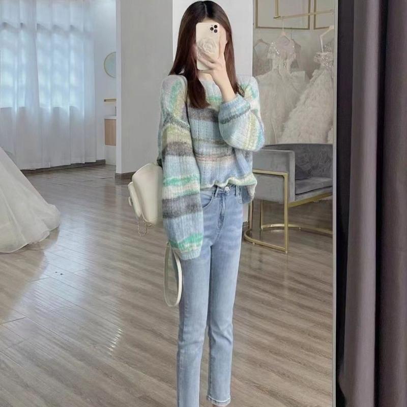 Пуловер, свитер, свободный сетчатый свитер во французском ленивом стиле, осень/зима, новый пуловер в полоску, свитер с длинными рукавами, женский топ