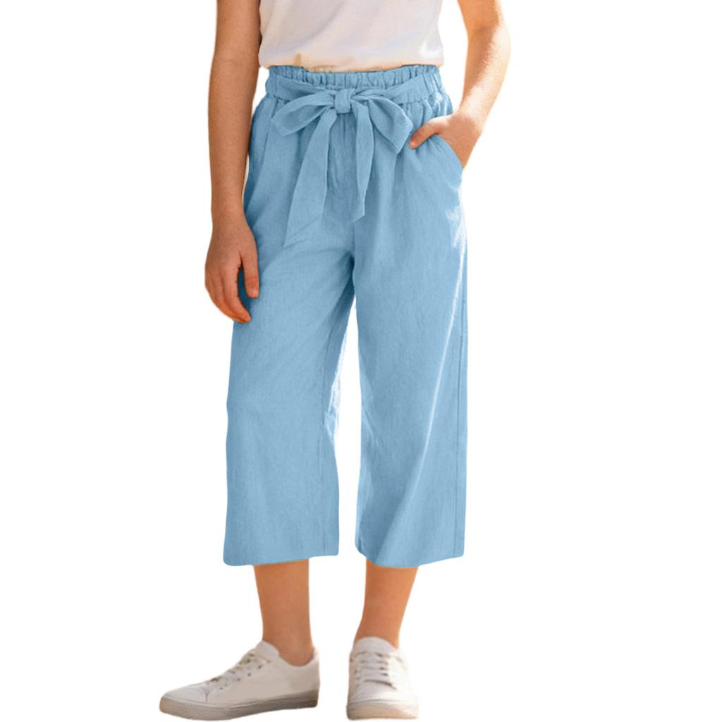 Girls' -Color Cotton-Linen Wide-Leg Loose-Fit Cropped Pants With Elastic Waistband