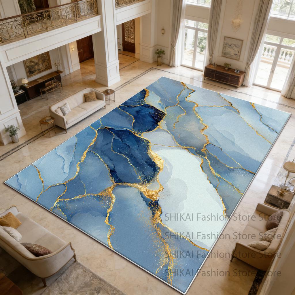 Blue Gold Marble Style Large Living Room Carpet Decoration Home Antiskid Fluffy Luxury Rug Easy Clean Short Velvet Floor Mats