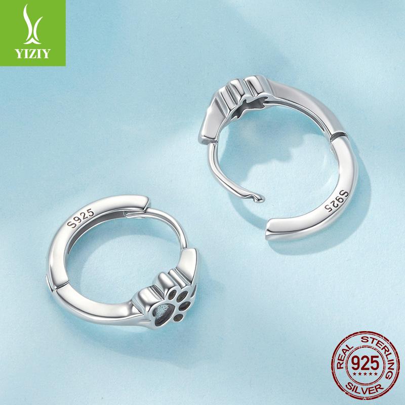 S925 Sterling Silver Cute Pet Paw Print Ear Buckle, Exquisite And Cute Girly Cat Paw Print Earrings And Earrings.