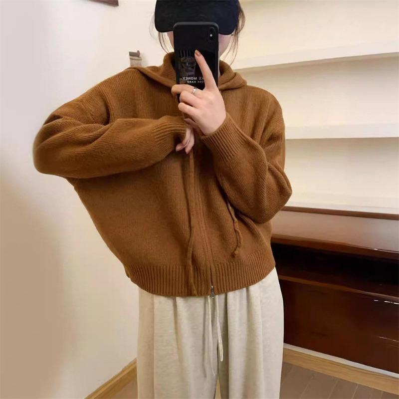 Однотонный вязаный кардиган с капюшоном на двойной молнии, женский осенне-зимний, новый, свободный, повседневный, простой свитер-куртка