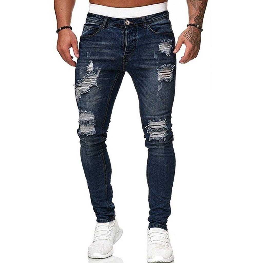 Men's Casual Hole-rubbed  Slim Fit Denim Pants Fashion Chinos Jeans