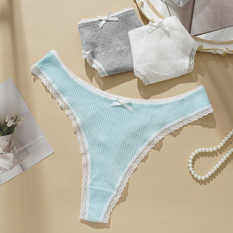 Women's Sexy Bowknot Solid Color Breathable Cotton Low Rise Thong M-XL