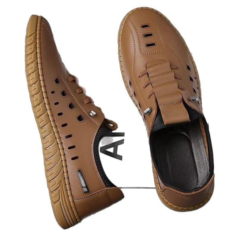 Новые летние полые дышащие кожаные сандалии мужские дырчатые туфли ручной работы повседневные сандалии с сумкой мужские водонепроницаемые