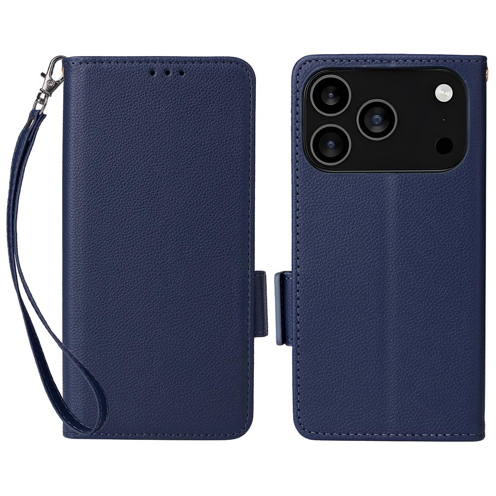 For iPhone 17 Pro Max Case with Wrist Strap Litchi Texture PU Leather Wallet Phone Cover