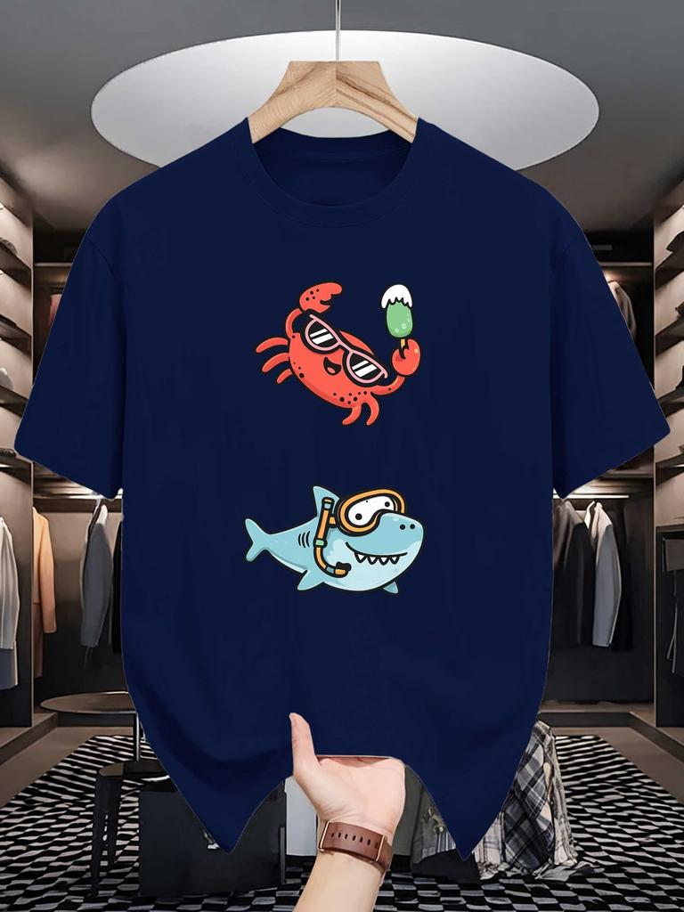 Cute Summer Crab Diving Shark Graphic Unisexs Crew Neck T Shirt Funny Sea Cartoon Print Soft Loose Casual Street Tee Fo Animal Fans