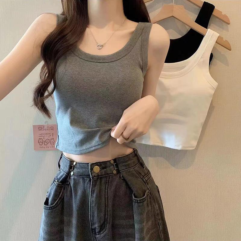 Korean Style Pure Cotton Camisole Vest Fixed Cup with Chest Cushion Sleeveless Short Top for Wearing on The Outside and On The Inside