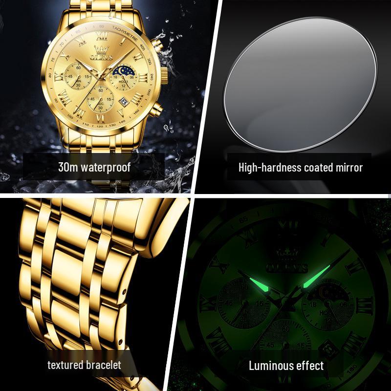 Мужские многофункциональные часы Oulishi: Светящийся календарь, Водонепроницаемый, Стальной браслет, Трехглазковый, Шестистрелочный.